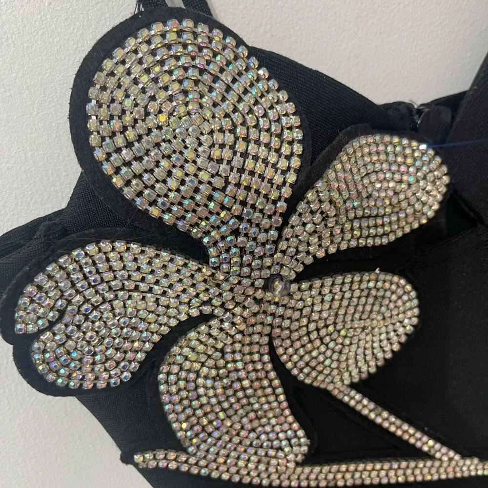 Elegant Black Dress with Rhinestone Floral Design - Picture 3 of 6